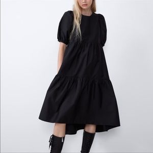 Zara maxi poplin tiered dress with puff sleeves
